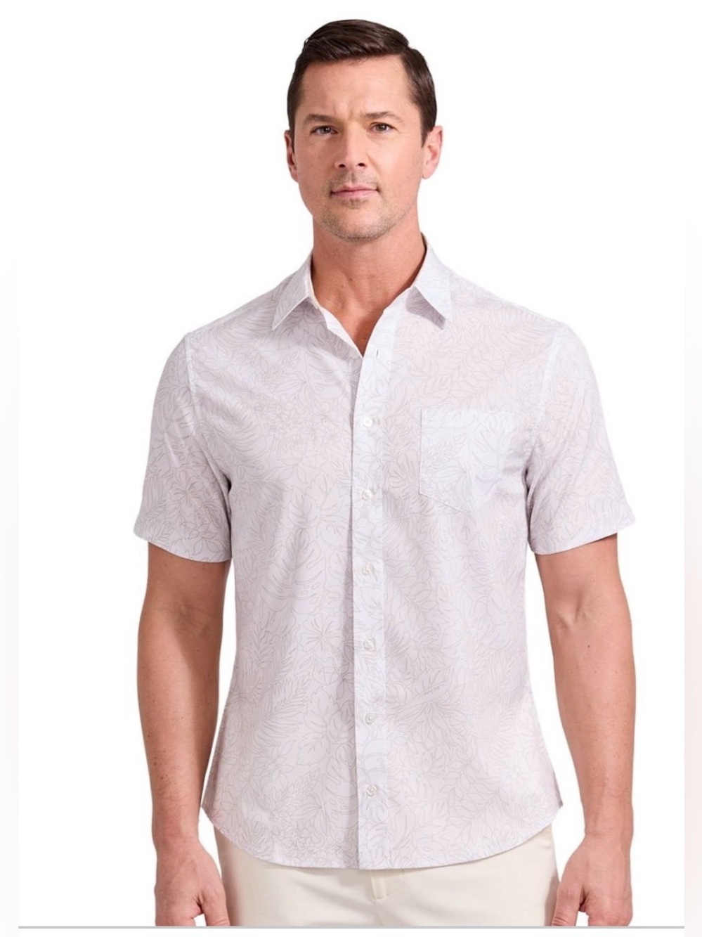 Nick Graham Men's Short-Sleeve Cream Patterned Button-Up Shirt